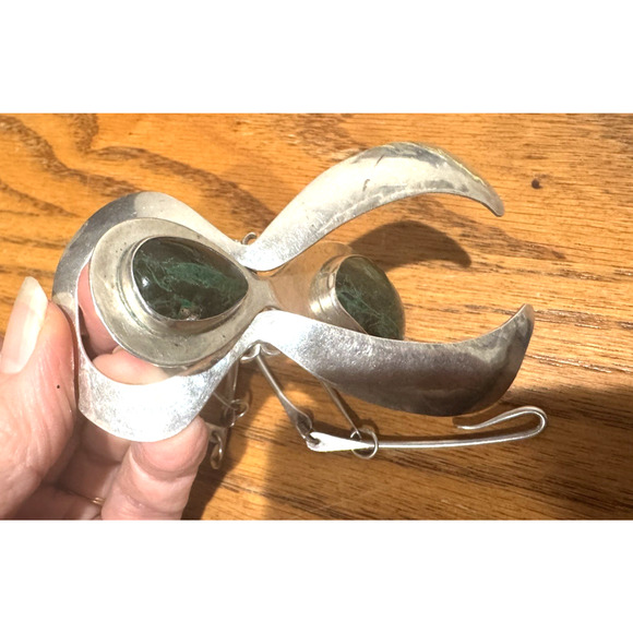 Modernist Sterling Silver Pendant Large 4" Hinged Green Eilat? Cabochon 62 Gr - Picture 2 of 16